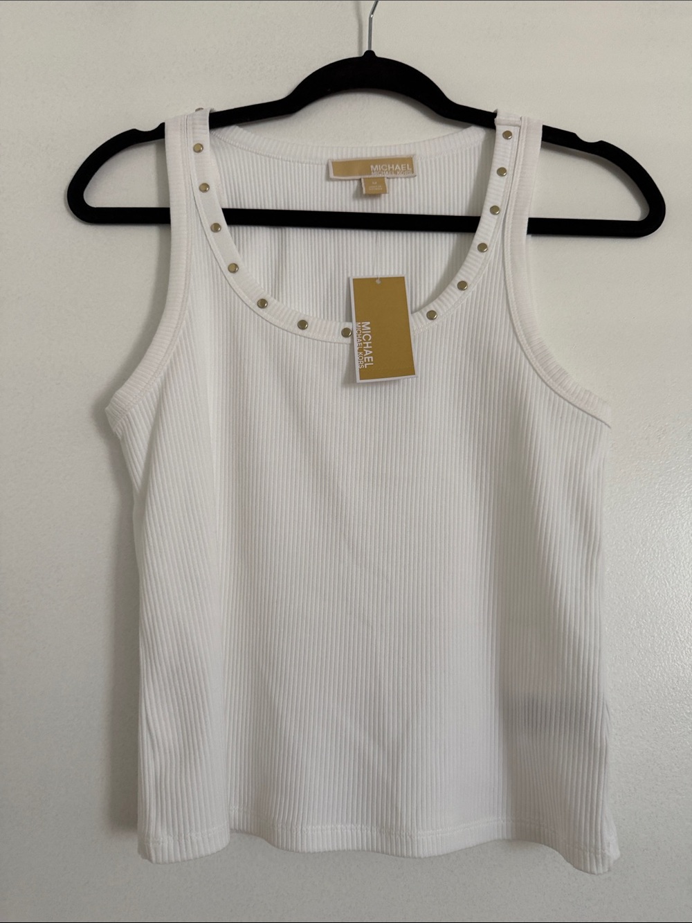 Michael Kors White Ribbed Tank with Gold Stud Trim